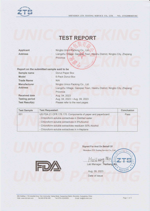 FDA Test Report of 6-pack Donut Paper Box